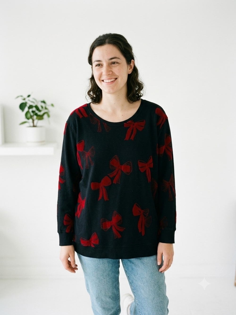 Jane & Delancey Women's Black Sweater Red Bow Print Festive Coquette Christmas